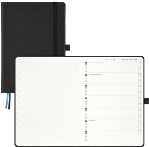 BEZEND Agenda Escolar 2026 2027 Semana Vista A5-15,5 x 21 cm | 18 Meses de Jul.26 a Dic.27, Vista Semanal con Página de Puntos, Papel de 90 GSM, Tapa Dura Cuero PU - Negro
