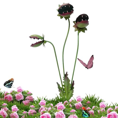 Whimsical Metal Carnivorous Plant Garden Stake, 25 Inches Carnivorous Plants Metal Flowers Stakes for Gardens, Carnivorou Plants Garden Stakes Decorative, Whimsical Venus Fly Trap Plant Support