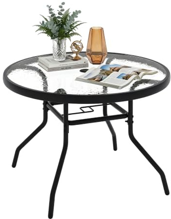 KOMFOTTEU Tavolino da Esterno in Vetro Antiscivolo con Foro Ombrellone | Tavolino Rotondo da Caffè con Struttura in Metallo, per Balcone e Piscina, 70 x 70 x 45,5 cm