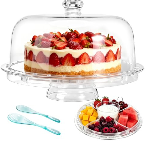 Masthome Présentoir à Gâteau Sur Pied Acrylique 6 en 1 Avec Cloche | Plateau Réversible Rotatif, Compatible Lave-vaisselle, Livré avec 2 Cuillères, pour Mariage Noël Anniversaire
