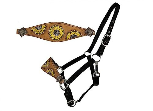Showman Lederhalfter mit Sonnenblumen-Design, handbemalt, bronzefarben Pferde-Zaumzeug