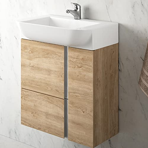 Coycama Mueble de Baño Suspendido a Pared Fondo Reducido Versa | Mueble Aseo Pequeño Volado 1 cajón 2 Puertas con Lavabo Cerámico (Roble Natural, 55 cm)