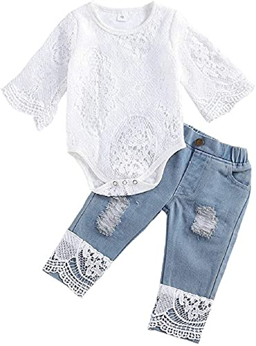 Juflam Baby Girl Vestiti Ricamato Pizzo Romper Ripped Jeans Denim Pants Toddler Infant Outfit Set (18-24 mesi, manica lunga)