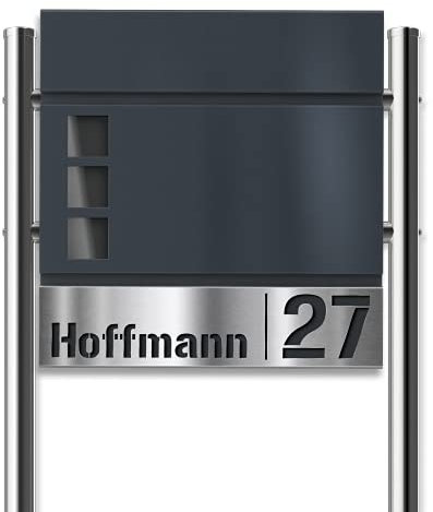 Metzler Standbriefkasten mit Edelstahl-Namensschild Svena - V4A Schild mit ausgestanztem Namen & Hausnummer - Inkl. Pfosten, Zeitungsfach & Fenster - Größe: 37 x 37 x 10,5 cm - Höhe 120 cm