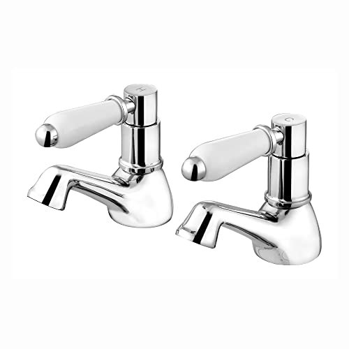ENKI, Downton, BT0516 Hot and Cold Bath Taps (not Basin Taps) with White Ceramic Levers Chrome, 3/4 to Bathtub Connection