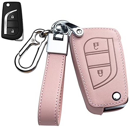 HIBEYO Autoschlüssel Hülle passt für Toyota Schutzhülle Schlüsselhülle Klappschlüssel Rindsleder Cover für Aygo Yaris Fernschlüssel Fall Schutz Tasche Schlüsselbund-Rosa A