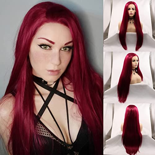 Glatte, dunkelrote Kunsthaar-Perücke mit Spitze vorne für Damen, Cosplay-Party, Ersatz, Drag Queen, Meerjungfrau, Rot, Kunsthaar (61 cm, Dunkelrot/Lace-Front-Perücke)