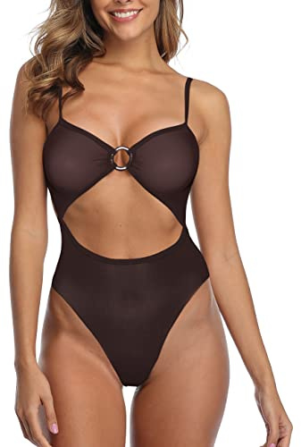 SHERRYLO Sheer One Piece Swimsuit for Women See Through Bodysuit Monokini Sexy Mesh Thong Teddy Swimsuits Micro Bikini Black, Black, Large