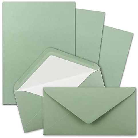 50x Briefpapier-Sets DIN A4 und DL gefütterten Briefumschlägen mit weißem Seidenfutter, Nassklebung - Eukalyptus - mattes Schreibpapier