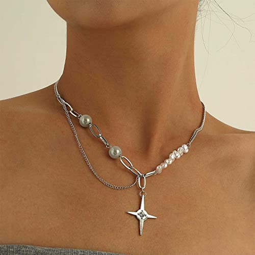 Yienate North Stern Perlenkette Choker Asymmetrische Perlenkette Silber Büroklammer Kette Nordstern Anhänger Klobige Kette Statement Geformt Perlen Nachtclub Halskette Schmuck Für Frauen Mädchen
