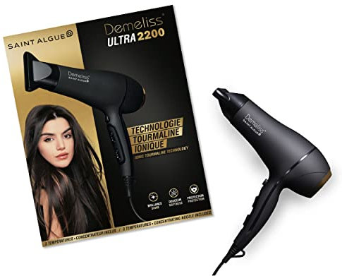 Demeliss Saint Algue Sèche Cheveux ULTRA 2200W - 2 Vitesses, 3 Températures - Technologie Tourmaline - Concentrateur Inclus - Cheveux Brillants, Coiffure Sans Frisottis - Léger, Puissant