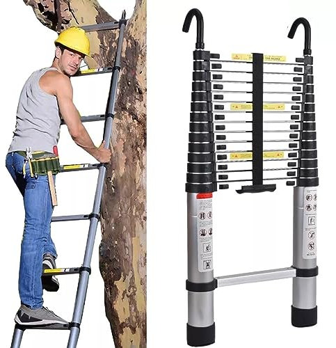 16,5FT Tragbare Mehrzweck-Aluminum-Teleskopleiter, 5M einziehbare zusammenklappbare Leiterverlängerung Klettern stabile Leiter mit 2-abnehmbaren Haken und rutschfesten Gummifüßen