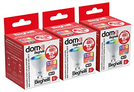 Beghelli Dom-e Alexa Smart SPOT GU10 RGB-CCT WiFi, applikationskompatibel lampa, enkel installation, färgjustering i varmt och kallt ljus, 3 stycken