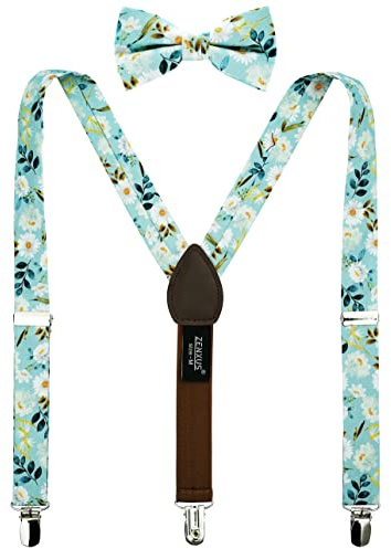 ZENXUS Floral Cotton Suspenders and Pre-tied Bow Tie Set for School Boys and Kids