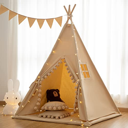 RONGFA Teepee for Kids Tent Indoor with Floor Mat,Carry Bag,Banner,Play Cottage with Star Light, Cotton Canvas Kids Teepee Tent for Girls & Boys, Pompom Ball Design, Foldable Teepee Tent