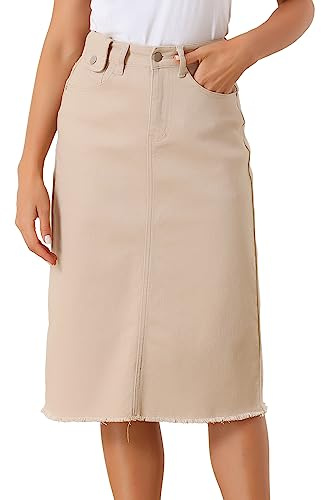 Allegra K Jupe en denim extensible avec fente à l’arrière et taille haute pour femme, style décontracté | Sous le genou, tissu denim classique, ligne H, mode tendance, décontracté, longueur midi, Western Outifts