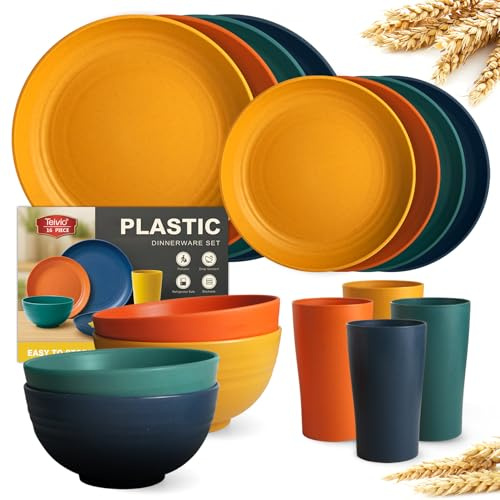 Teivio 16-Piece Kitchen Plastic Dinner Set, Service for 4, Dinner Plates, Dessert Plates, Cereal Bowls, Cups, Unbreakable Plastic Plates and Bowls Set, Outdoor Camping Dishes, Autumn Multicolor