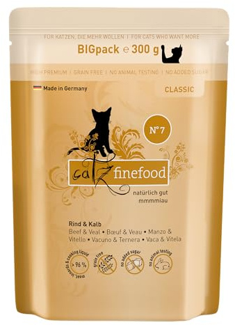 catz finefood N° 7 Comida húmeda para Gatos de Vacuno y Ternera, Comida húmeda Premium para Gatos sin Cereales y azúcar con Alto Porcentaje de Carne (6 Bolsas de 300 g)