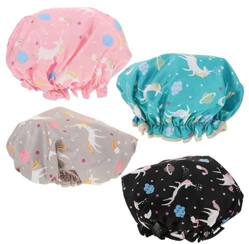 Amosfun 4 Stück Cartoon Einhorn Duschhauben Wasserdicht Elastische Badekappe Doppelschicht Spa-Badehaube Für Damen Langes Haar Schutz Beim Duschen