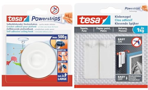 tesa Powerstrips Deckenhaken Selbstklebender & Klebenagel für Tapeten und Putz 1kg Selbstklebende Nägel für empfindliche Oberflächen rückstandslos Bis zu 1 kg Halteleistung pro Nagel 2 Klebenägel