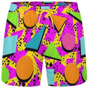 Vintage 80s Memphis Mens Swim Trunks Compression Liner Pink Yellow Blue Orange 2-in-1 Swimming Board Shorts 5 inches Inseam Retro 90s Fashion Funny Quick Dry Bathing Suits Beach Swimsuit 4 Pockets -L