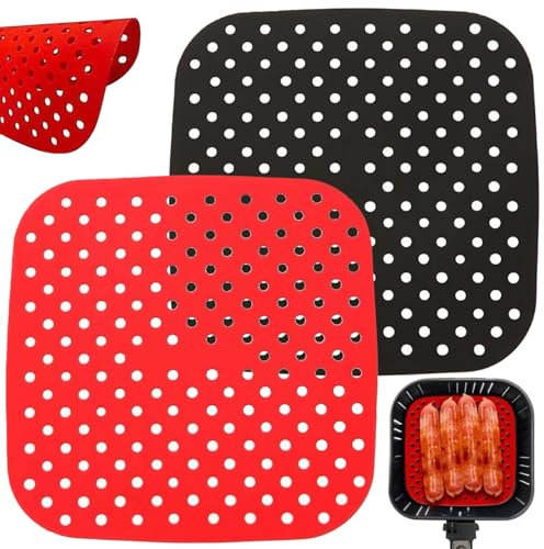 SunaOmni Silikon-Luftfritteusen-Einlagen wiederverwendbar 2 Stück antihaftbeschichtete Silikonmatte für Luftfritteusen Airfryer-Einlagen 21 x 21 cm quadratisch perforiert Pergamentpapier Ersatz