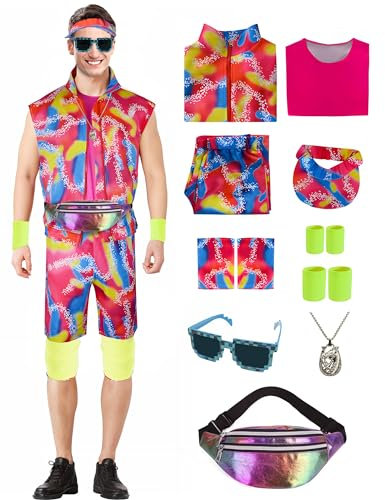 IUTOYYE Herren 80er Jahre Trainingsanzug Strand Hawaiian Beach Party Kostüm Retro Style Disco Outfit Halloween Karneval Cosplay kleidung (Rosa, S)