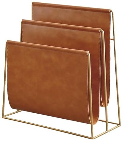 GNBOW Zeitschriftenhalter, 2-lagiger Zeitungsständer Aus PU-Leder, Freistehender Zeitschriftenhalter Mit Metallrahmen (Color : Brown, S : 40 * 37 * 18CM)