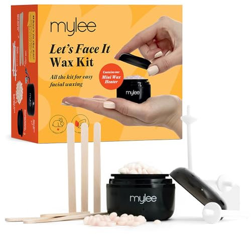 Mylee Let's Face It Waxing-Set für das Gesicht mit Mini-USB-Erwärmer, 50 g Präzisionswachs (Pfirsich und Kamille), Wachspachtel, Applikatoren für Ohren- und Nasenwachs