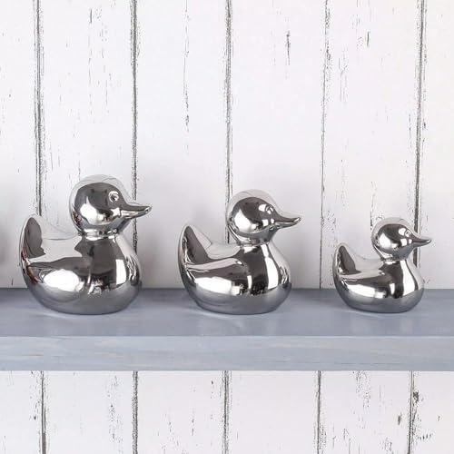 Set Of 3 Decorative Pieces Silver Duck Ornaments, Ceramic, Bathroom, Stunning Decor