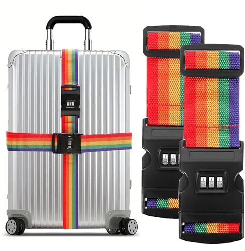 2 Stück Koffergurt, 5 * 200cm Verstellbar Koffergurt, Koffergurt Mit Zahlenschloss, Kofferband Gurt, für Koffer Gepäck Reisetasche(Regenbogen)