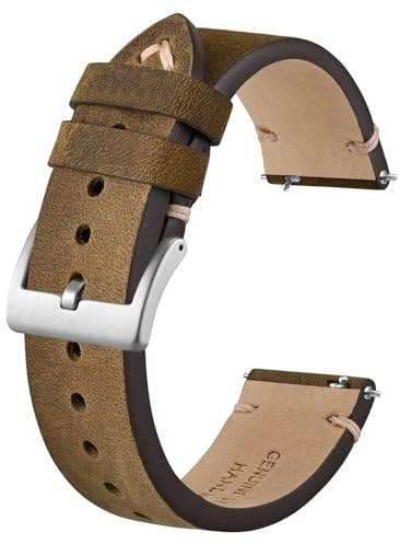 BISONSTRAP Correa de Reloj de Cuero Antiguo, Correas de Repuesto para Hombres, Liberación Rápida, 22mm, Marrón Oscuro (Hebilla Plateada)