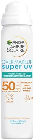 Garnier Ambre Solaire Over Makeup Super UV Protection Mist SPF50+, with Hyaluronic Acid and Vitamin E, Light Texture, Invisible Finish, Non-Greasy, Hydrates Skin 75ml