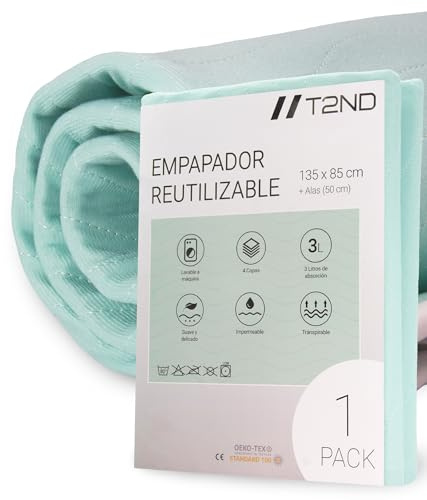 T2ND Protector Cama Impermeable Lavable Reutilizable Para Incontinencia Adultos Mayores Niños Mascotas Alas Ajustables 4 Capas Absorbentes Higiénico Antiescaras Cuidado Nocturno Fácil Lavado 135x85 cm