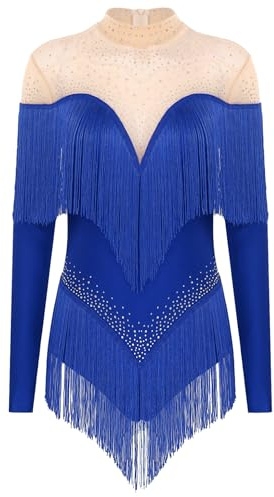 Nyeemya Vestido Baile de Salon Latino Profesional Maillot con Flecos Mujer Manga Larga con Pedrería Brillante Vestido de Patinaje Artistico sobre Hielo Azul S