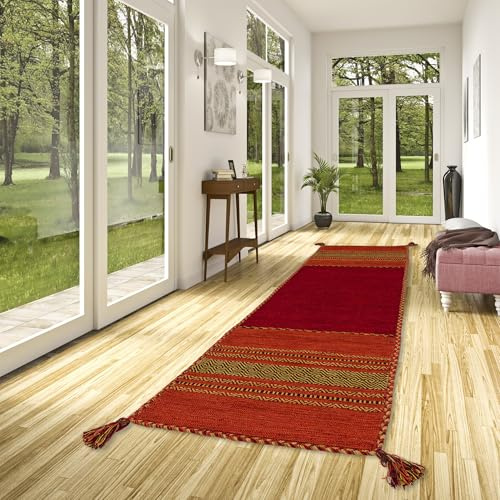 Navarro Läufer Rot Orange - Handgewebter Kelim Teppich aus 100 % Baumwolle, Traditionelles Design, Langlebig und Pflegeleicht, Ideal für Flur, Wohnzimmer und Eingangsbereich, Zeitloser Teppich
