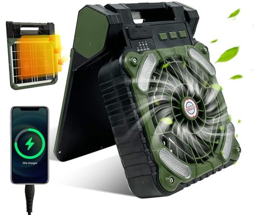 GY Ventilador Camping Solar, Bateria Recargable USB 10400 mAh, Potente de 4 Velocidades Ajustable, Lampara Ventilador LED, Silencioso con Temporizador