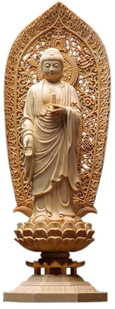 Statua di Buddha della medicina in legno di cipresso intagliato a mano, statuetta orientale dei tre santi per tempio o altare domestico, scultura buddista in legno massello