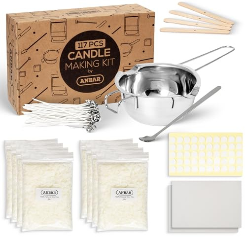 Anbar Candle Making Kit - Supplies Include 480g Soy Wax Flakes, Stainless Steel Heating Jug, Spoon, Centering Wood, Waxed Candle Wicks, Stickers and Magic Paper for Adults, Beginners, Kids