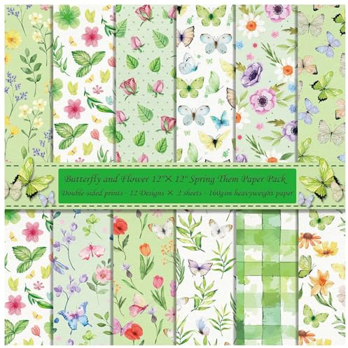 ZAKHSE Motivpapier 30x30cm, 24 Blatt Frühlingsmotive Designpapier Doppelseitig Bedruckt Blumen Schmetterlinge Grün Blätter Scrapbook Papier Bastelpapier Bunt für DIY Karten Gestalten-12 Designs