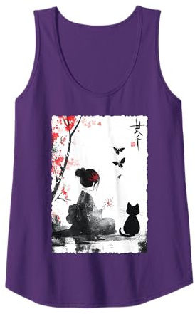 Japonés Lirio Araña Suave Grunge Anime Geisha Negro Gato Mamá Camiseta sin Mangas