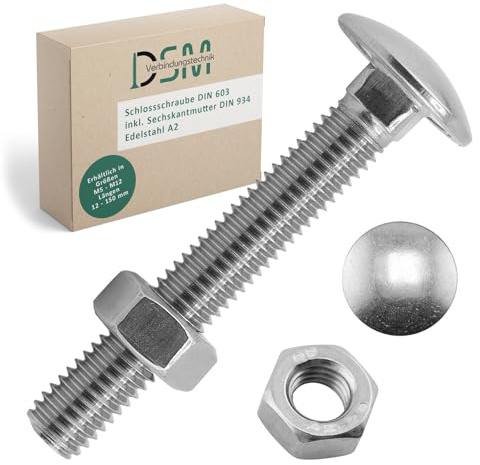 DSM – Tornillos de cerradura M8 x 120 mm según DIN 603 – incl. tuerca hexagonal M8 DIN 934 – acero inoxidable A2/V2A – tornillos de cabeza plana redonda con cuello cuadrado – rosca completa