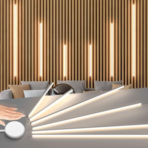 Lichaser Encastré LED pour Panneau Acoustique, 6 Ruban LED 3000K Intensité Variable avec Capteur pour Mural Bois Parallèles, Bande Autocollantes pour Panneau Acoustique Mural (2*40+2*60+2*90 cm)
