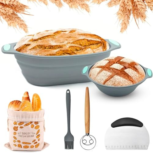Professionelles Brotbackset aus Silikon – 2 faltbare & waschbare Gärkörbchen (rund & oval) mit Zubehör + Leinenbrotbeutel – Silikon Gärkörbchen für Brot – Gärkorb zum Brotbacken – Platzsparend