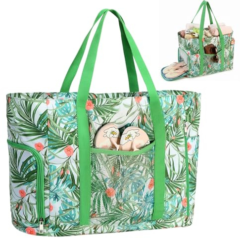 JANSBEN Strandtasche XXL Familie mit Schuhfach - Badetasche Damen Große mit Reißverschluss Wasserdicht Sanddicht Beach Bag Leichte Shopper Schultertasche Schwimmtasche für Strand Reisen Grün