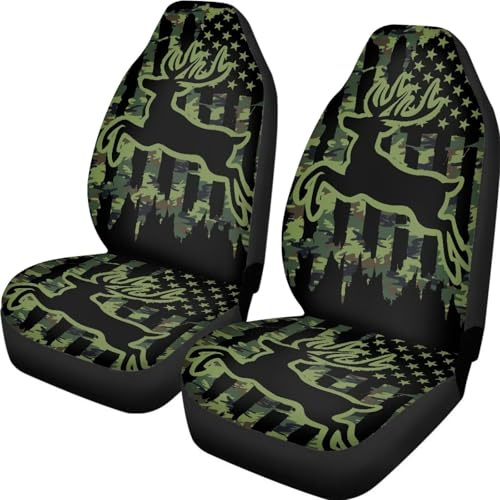 ZIATUBLES Grünes Camo Jagd-Elch-Hirsch-Motiv Autozubehör 2 Stück Fahrzeugsitzbezüge für vorne, rutschfeste Auto-Innenraum-Dekor-Schutzhülle, Universal-Passform für Limousinen, Lieferwagen