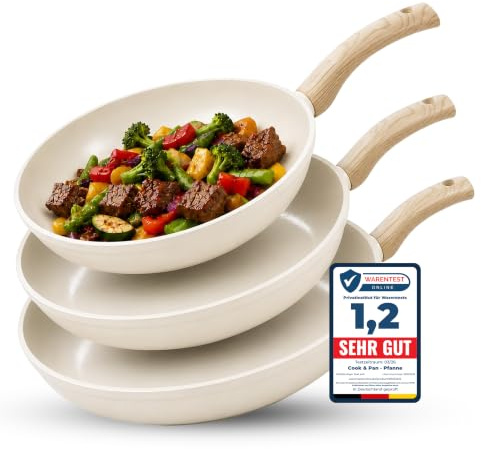 Cook&Pan Pfannenset Induktion - Keramikpfanne mit [Greenshield] Antihaftbeschichtung PFAS & Teflon-frei - Bratpfanne 20/24/28cm, Non Stick Pan [Spülmaschinenfest] - 3-teilig Creme