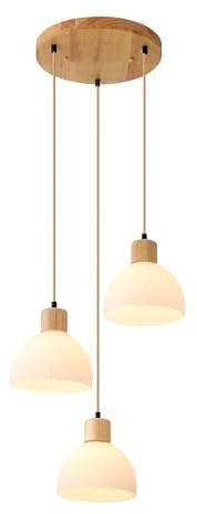Schindora Pendelleuchte 3-Flammig,Holz Und WeißEs Glas KüChe Lampe E27 HäNgelampe HöHeneinstellbar Wohnzimmerlampe FüR Wohnzimmer Schlafzimmer