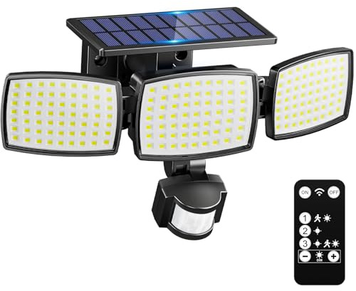 KIBTOY 189LED Solar Security Lights, 1200LM Outdoor Solar Wall Light with Motion Sensor, 3 Adjustable Heads, 330° Wide Lighting Angle, IP65 Waterproof Solar Flood Lights for Yard, Garage, Pathway