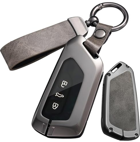 ontto Autoschlüssel Hülle Schlüsselhülle Passt für Ford Capri Elektro Tourneo Connect 2024 2025 2026 für Skoda RS IV Octavia Elroq 85 Leder Schlüsselcover Metall Schlüsselgehäuse 3/4/5 Tasten Grau